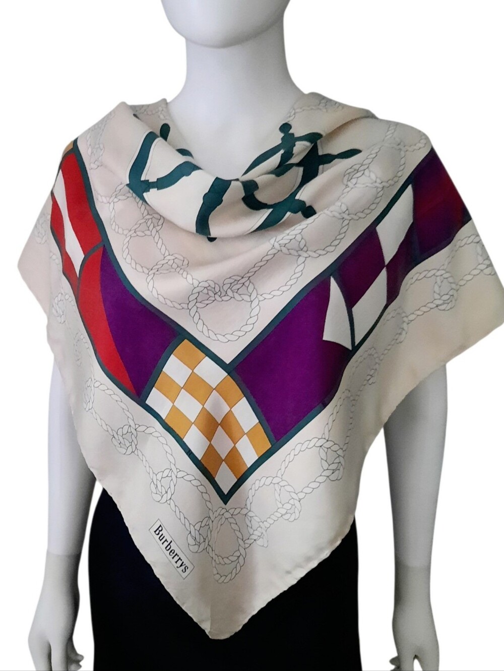 Vintage BURBERRY Nautical Wheel & Flags Square Silk Scarf 33" Ecru/Multi - Picture 3 of 11